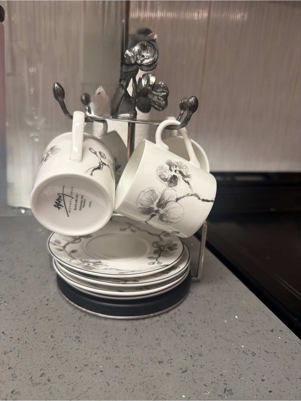 Michael Aram White and Black Floral Espresso Cup and Saucer Set